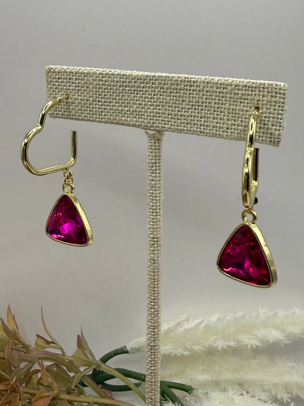 Fuchsia Trillion-Cut Crystal Heart Hoop Drop Earrings